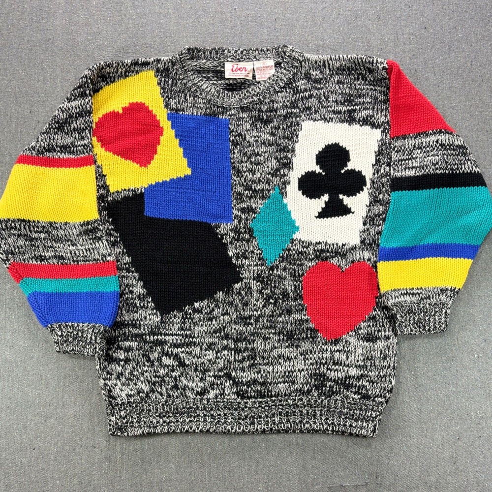Vintage 80s Eber International Playing Cards Intarsia Knit Sweater Grey Small